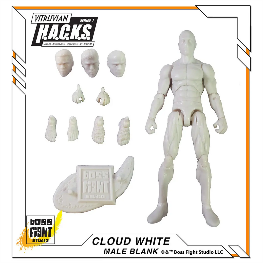 Vitruvian H.A.C.K.S. Character Blanks Cloud White Male 1:18 Scale Action Figure with interchangeable heads and hands by Boss Fight Studio