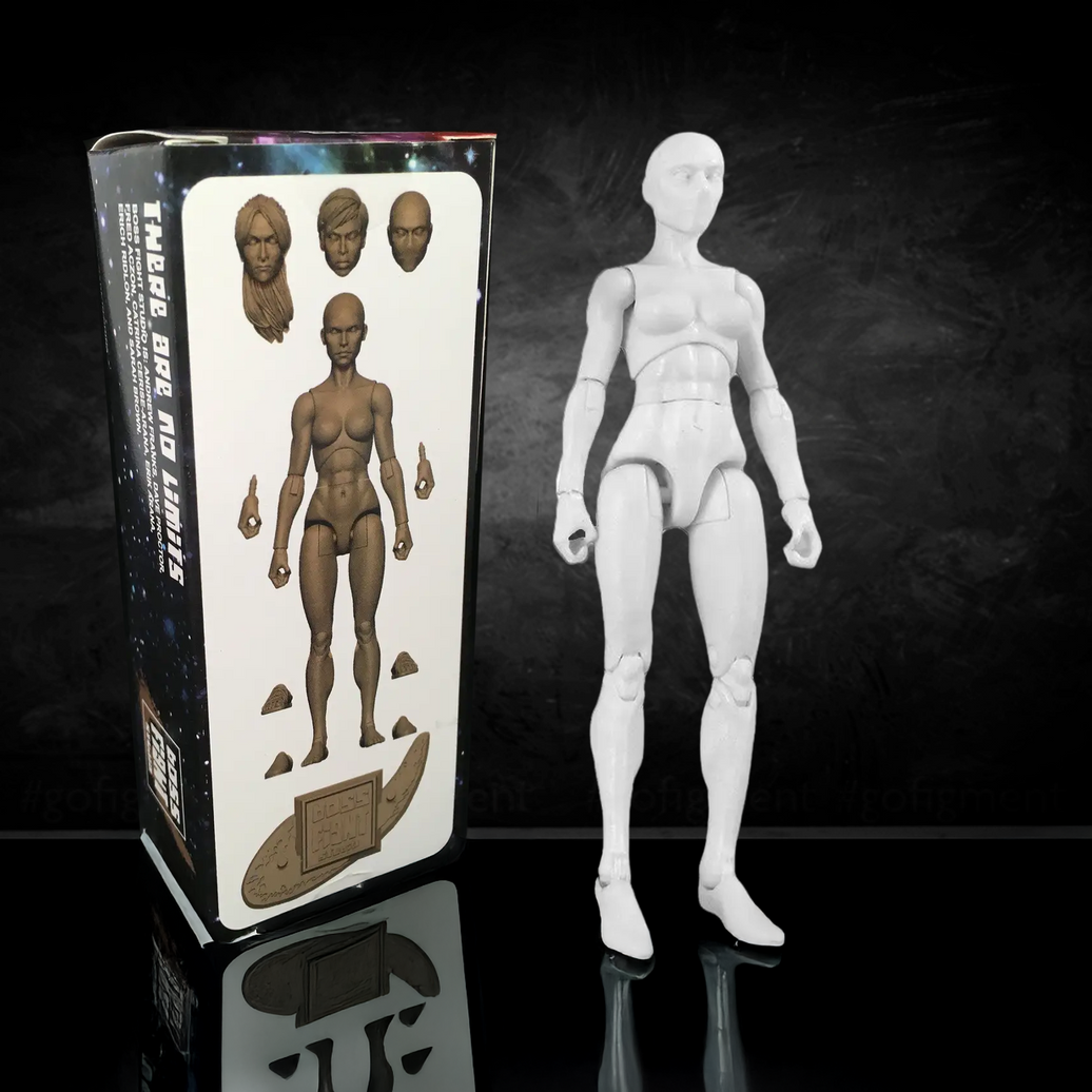 Vitruvian H.A.C.K.S. Character Blanks Cloud White Female 1:18 Scale Action Figure by Boss Fight Studio Llc standing next to packaging box