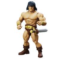Muscular barbarian warrior figure with black hair, fur loincloth, sword, boots, and wrist cuffs