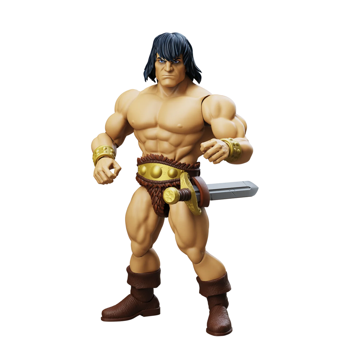 Muscular barbarian warrior figure with black hair, fur loincloth, boots, wrist cuffs, and a sheathed sword