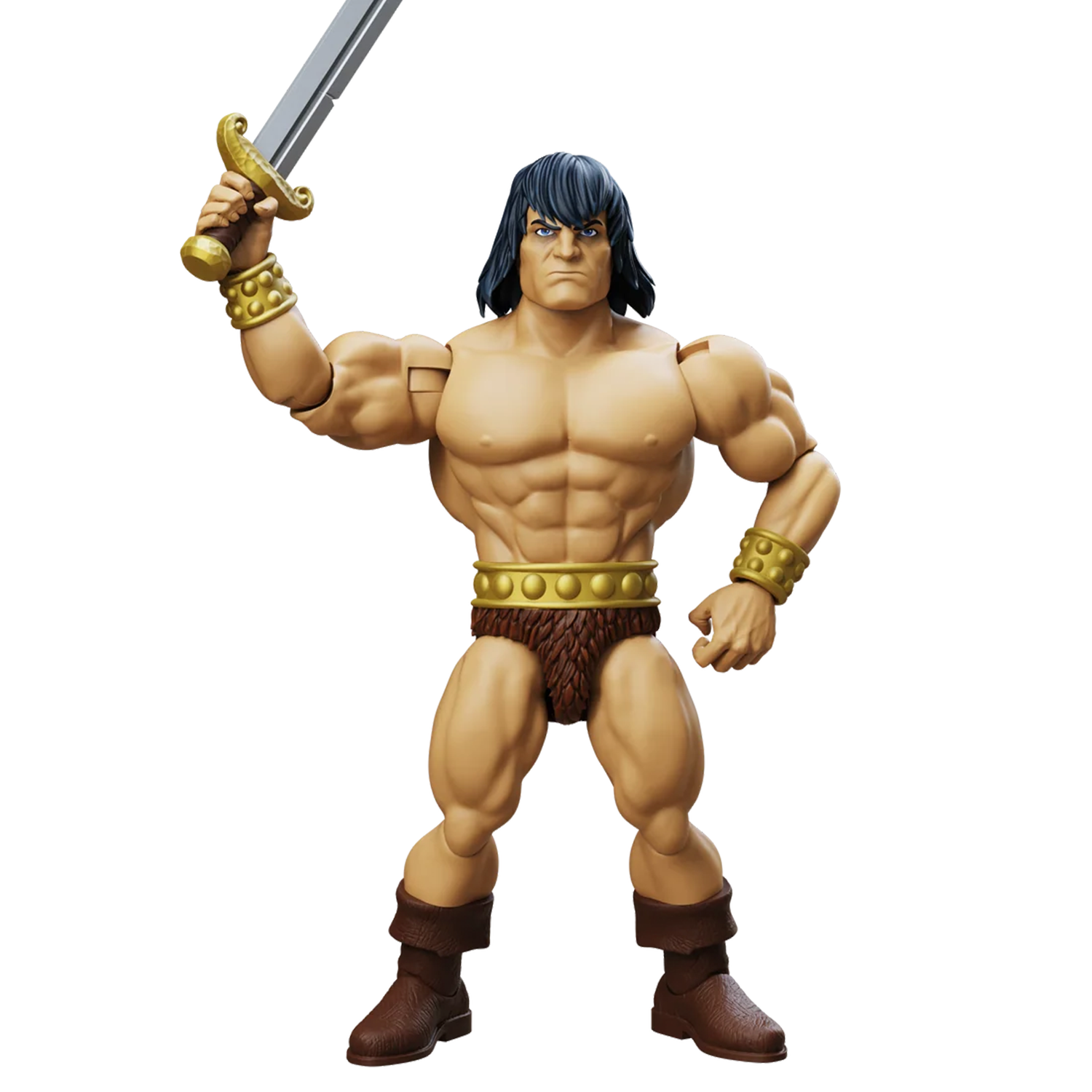 Muscular barbarian action figure holding a sword, wearing a fur loincloth, gold wristbands, and brown boots
