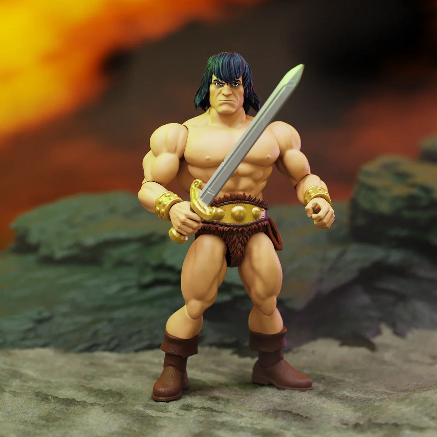 Muscular fantasy warrior figure holding a sword against a rocky volcanic background