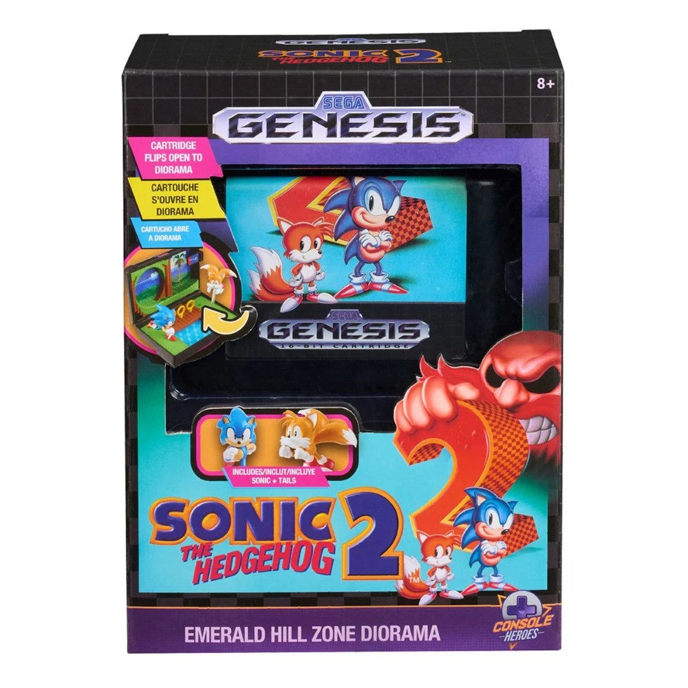 Console Heroes Sega Genesis Sonic the Hedgehog 2 Cartridge Diorama Playset featuring Sonic and Tails collectible display.