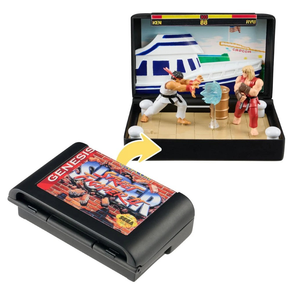 Console Heroes Sega Genesis Genesis Street Fighter II Cartridge Diorama Playset with detailed Ryu and Ken figures in fighting pose