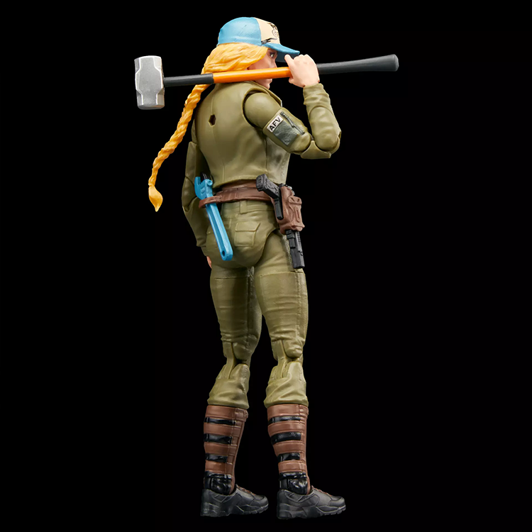 G.I. Joe Cover Girl action figure in mechanic outfit holding sledgehammer with braided hair and cap, posed from back