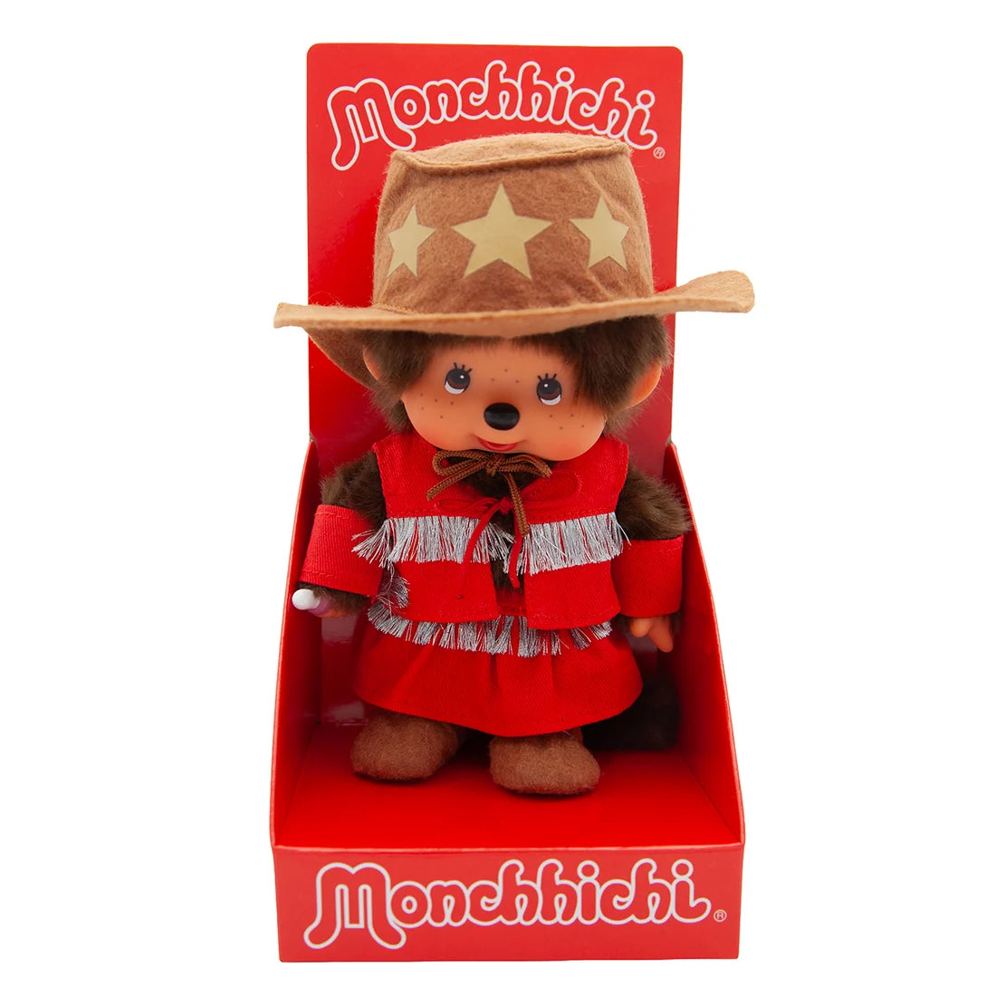8" Monchhichi Cowgirl in Red Vest and Cowgirl Hat with Brown Eyes by Aliquantum International