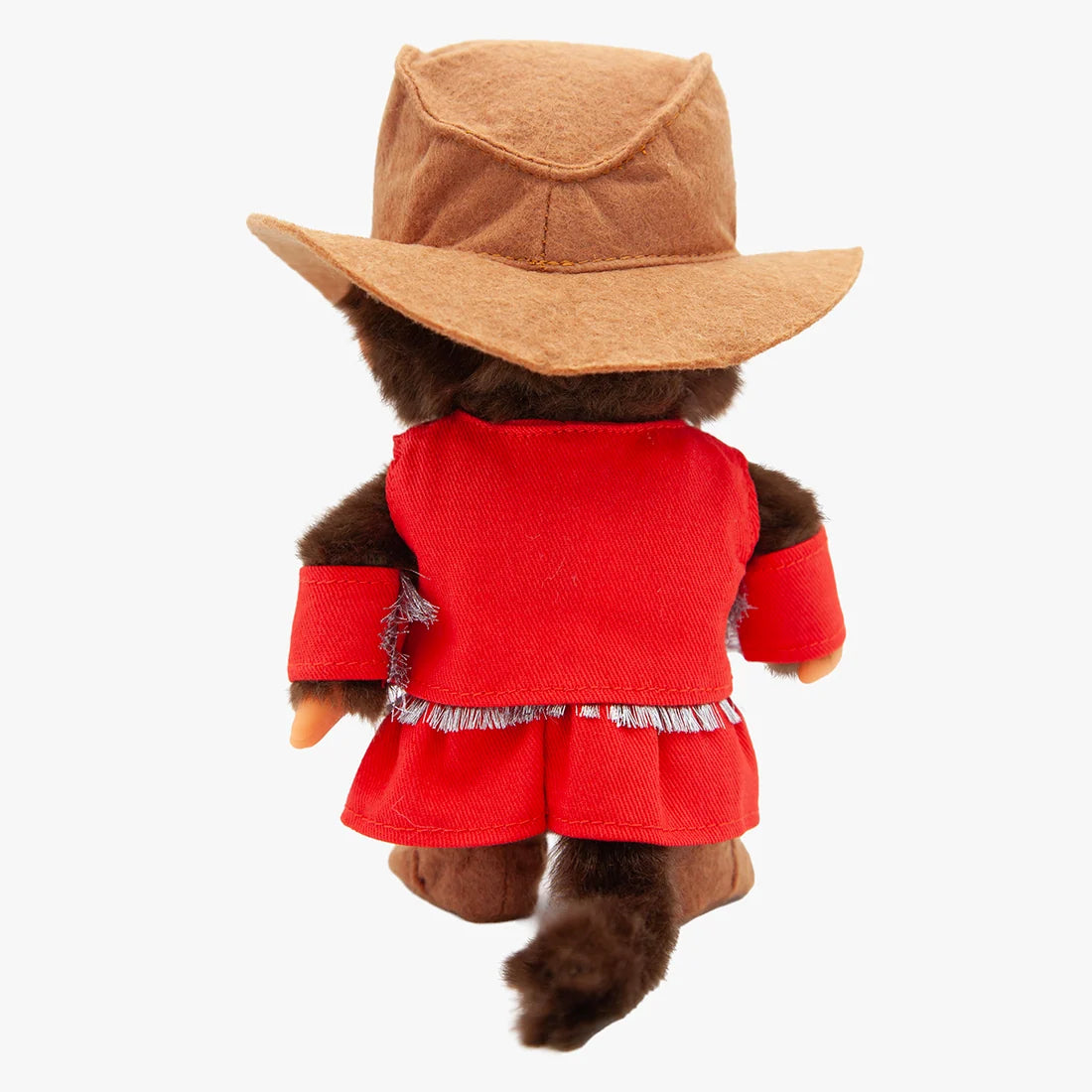 8" Monchhichi Cowgirl in Red Vest and Cowgirl Hat with Brown Eyes back view collectible doll by Aliquantum International