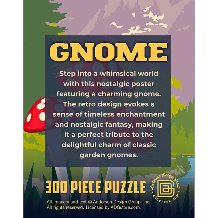 Master Pieces Gnome 300-piece jigsaw puzzle with vintage garden gnome design and whimsical nostalgic poster style