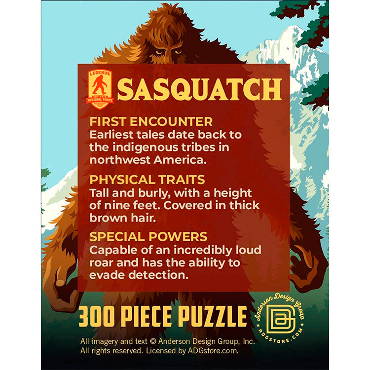 Master Pieces Sasquatch 300-piece jigsaw puzzle with mysterious wilderness cryptid design and detailed creature info panel