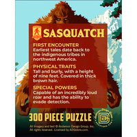 Master Pieces Sasquatch 300-piece jigsaw puzzle with mysterious wilderness cryptid design and detailed creature info panel