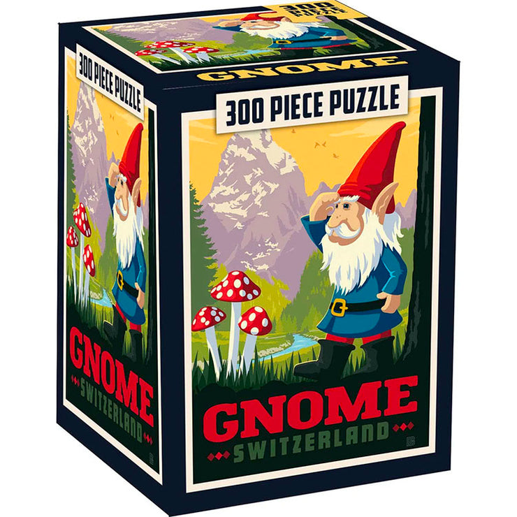 Master Pieces 300-piece jigsaw puzzle featuring vintage gnome artwork with Swiss mountain scenery and red mushrooms packaging