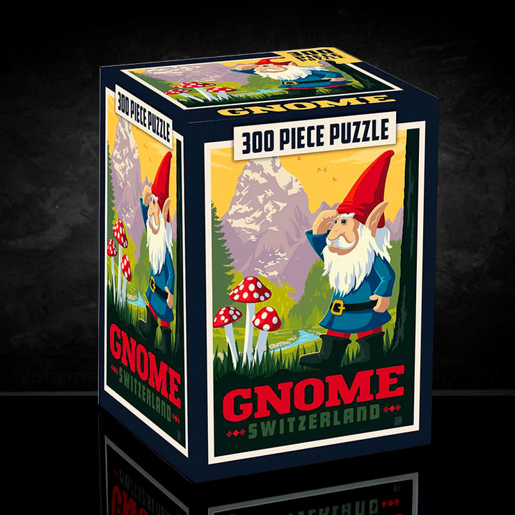 Master Pieces 300-piece gnome jigsaw puzzle cube with vintage Switzerland fantasy artwork on packaging