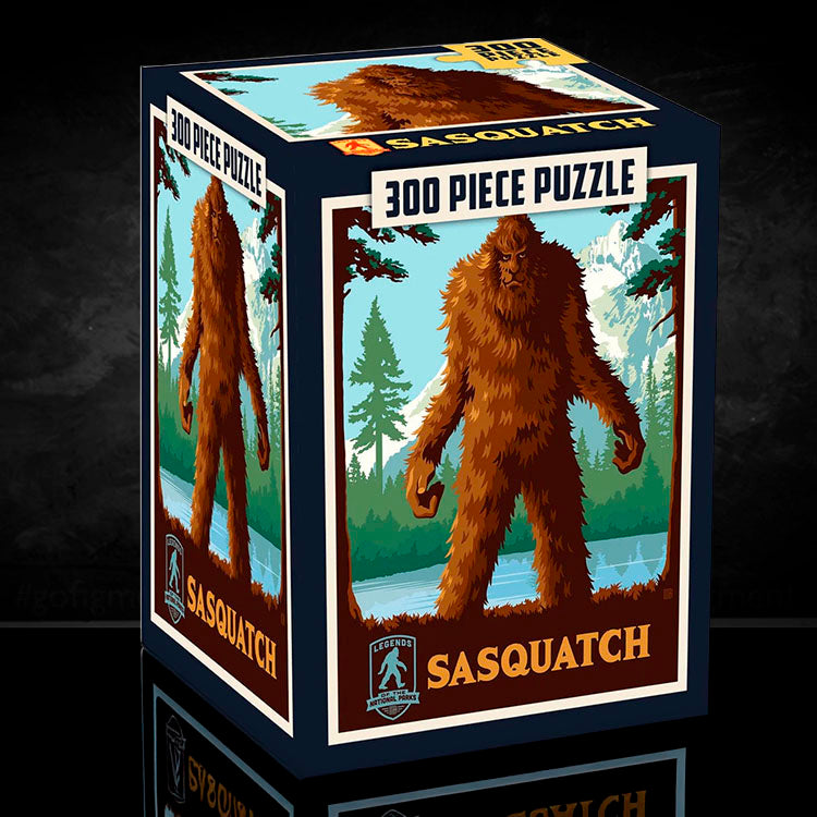 Master Pieces Sasquatch 300 piece jigsaw puzzle featuring cryptid artwork in colorful forest setting packaging