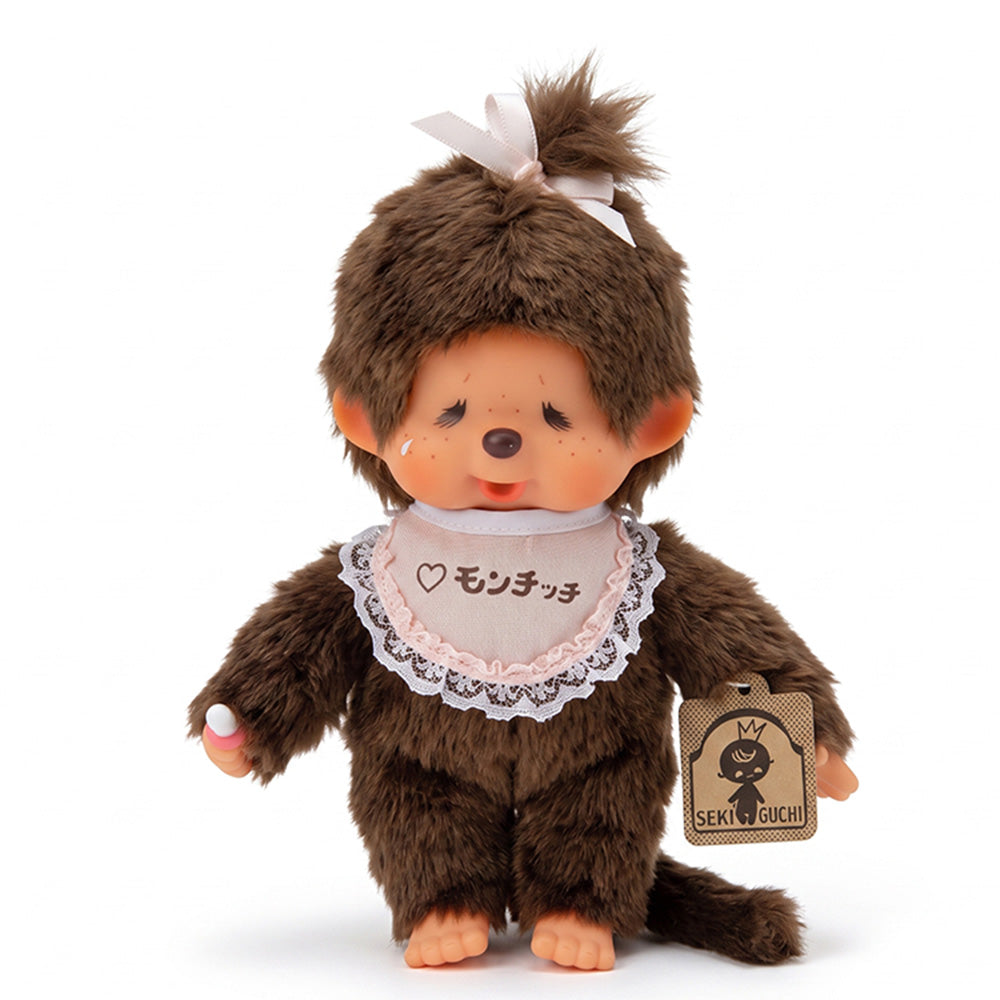 8" Monchhichi Brown Crying Girl  - in Pink Lace Bib, Pink Ribbon Ponytail and Gold Tag
