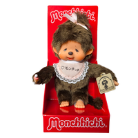 8" Monchhichi Brown Crying Girl  - in Pink Lace Bib, Pink Ribbon Ponytail and Gold Tag