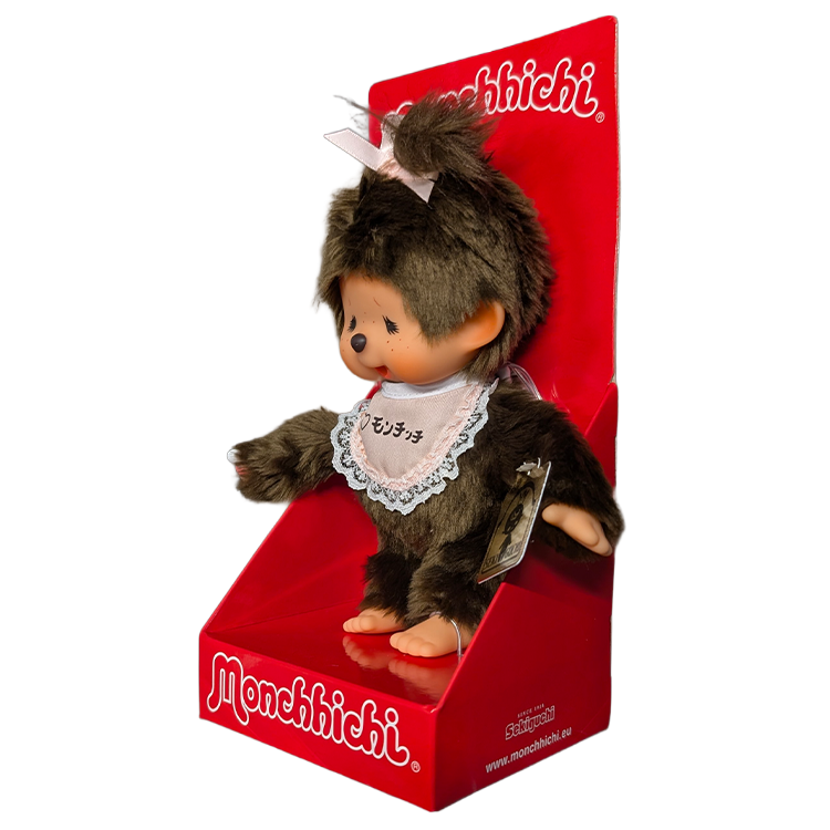 8" Monchhichi Brown Crying Girl  - in Pink Lace Bib, Pink Ribbon Ponytail and Gold Tag