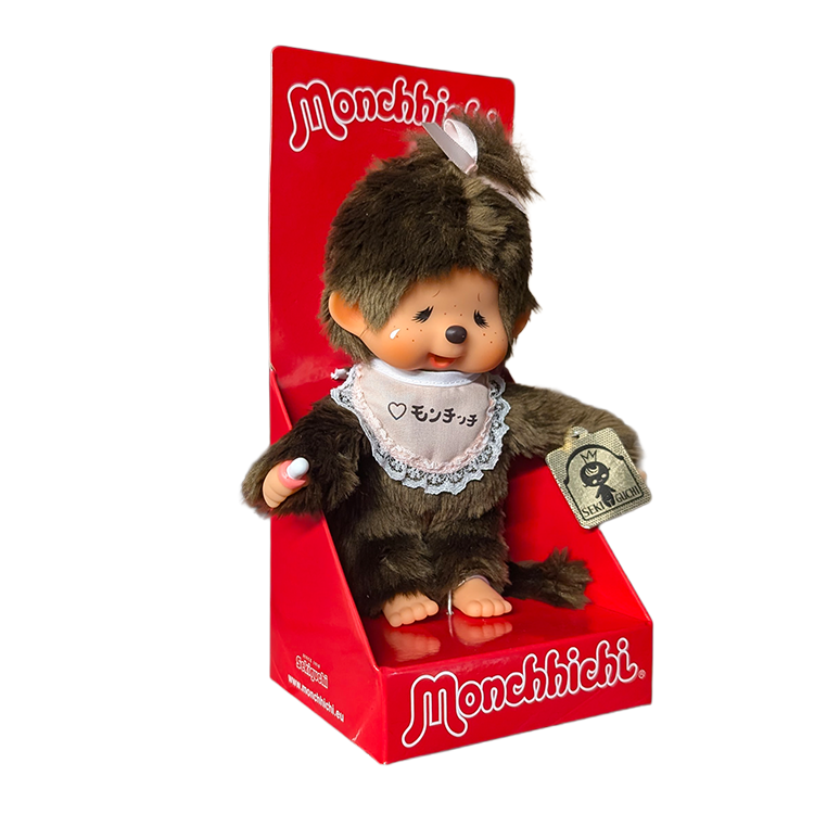 8" Monchhichi Brown Crying Girl  - in Pink Lace Bib, Pink Ribbon Ponytail and Gold Tag
