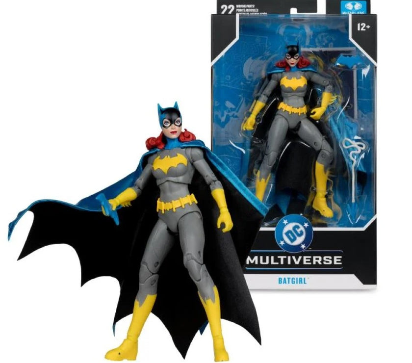 McFarlane DC Multiverse Batgirl action figure in gray and yellow costume with cape and mask in packaging and out of box.