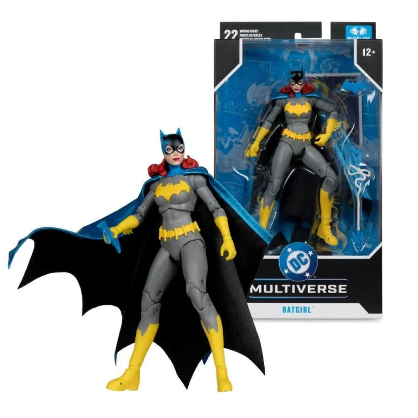 McFarlane DC Multiverse Batgirl action figure in gray and yellow costume with cape and mask in packaging and out of box.