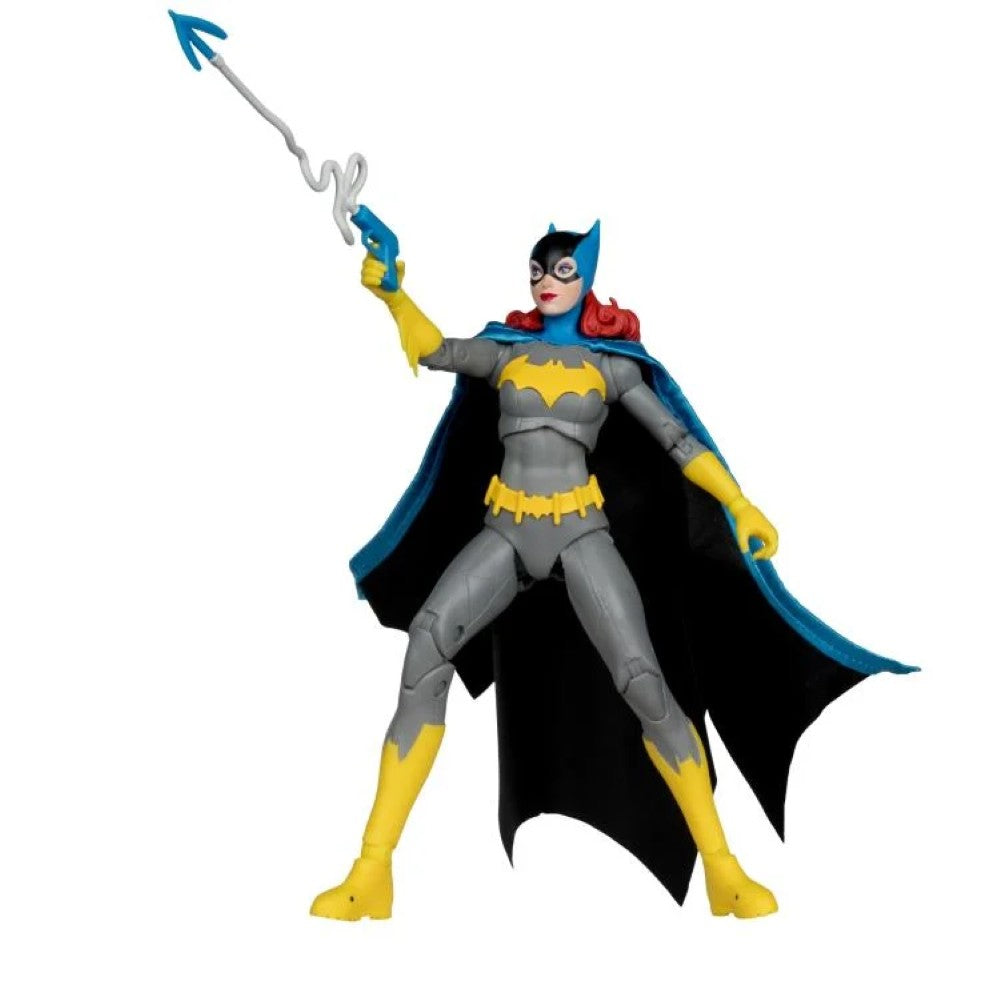 McFarlane DC Classic Barbara Gordon Batgirl action figure in gray and yellow suit with blue cape and grappling hook accessory