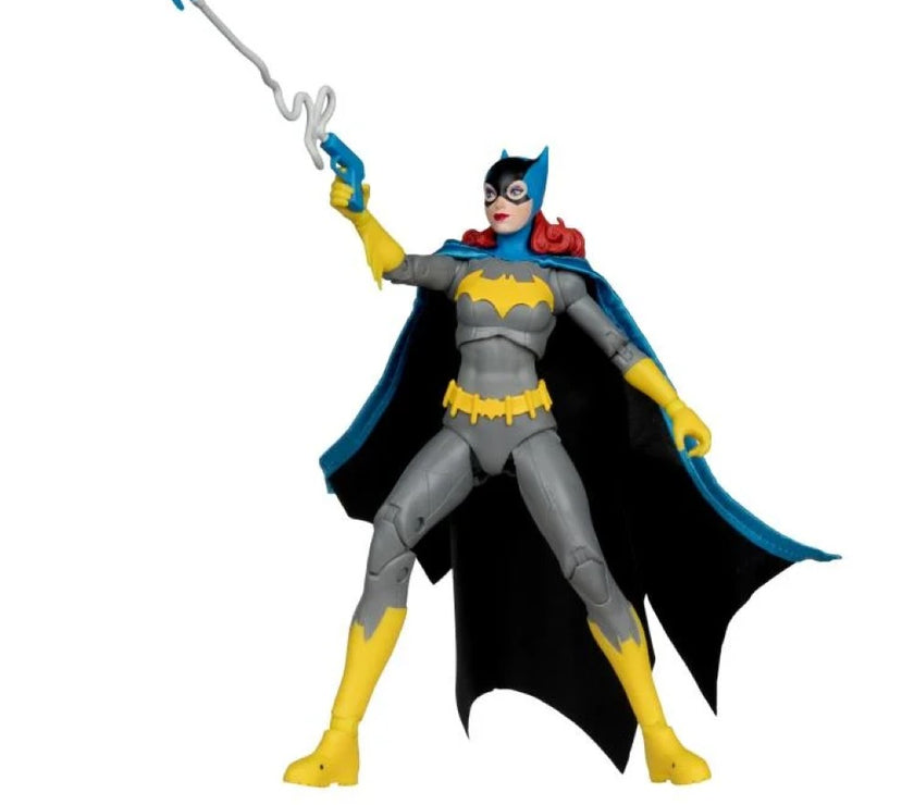 McFarlane DC Classic Barbara Gordon Batgirl action figure in gray and yellow suit with blue cape and grappling hook accessory
