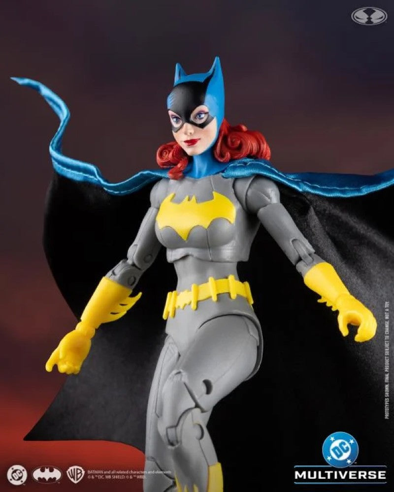 McFarlane DC Classic Batgirl action figure with blue cape and yellow bat symbol on chest in dynamic pose