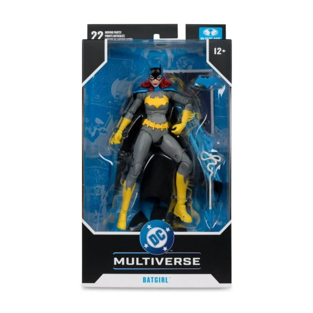 McFarlane DC Multiverse Batgirl action figure in classic costume with yellow boots and cape in collectible packaging