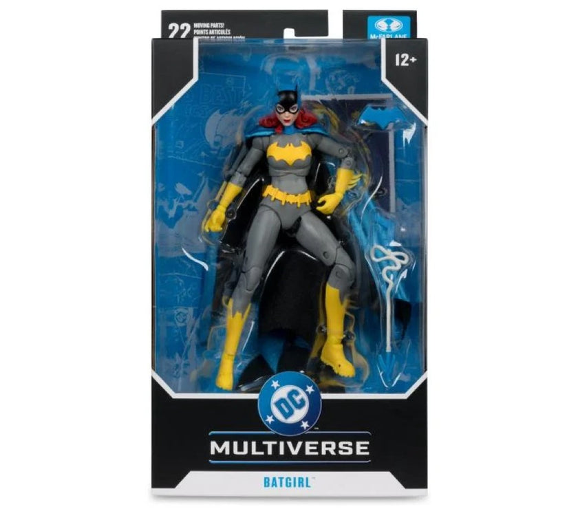 McFarlane DC Multiverse Batgirl action figure in classic costume with yellow boots and cape in collectible packaging