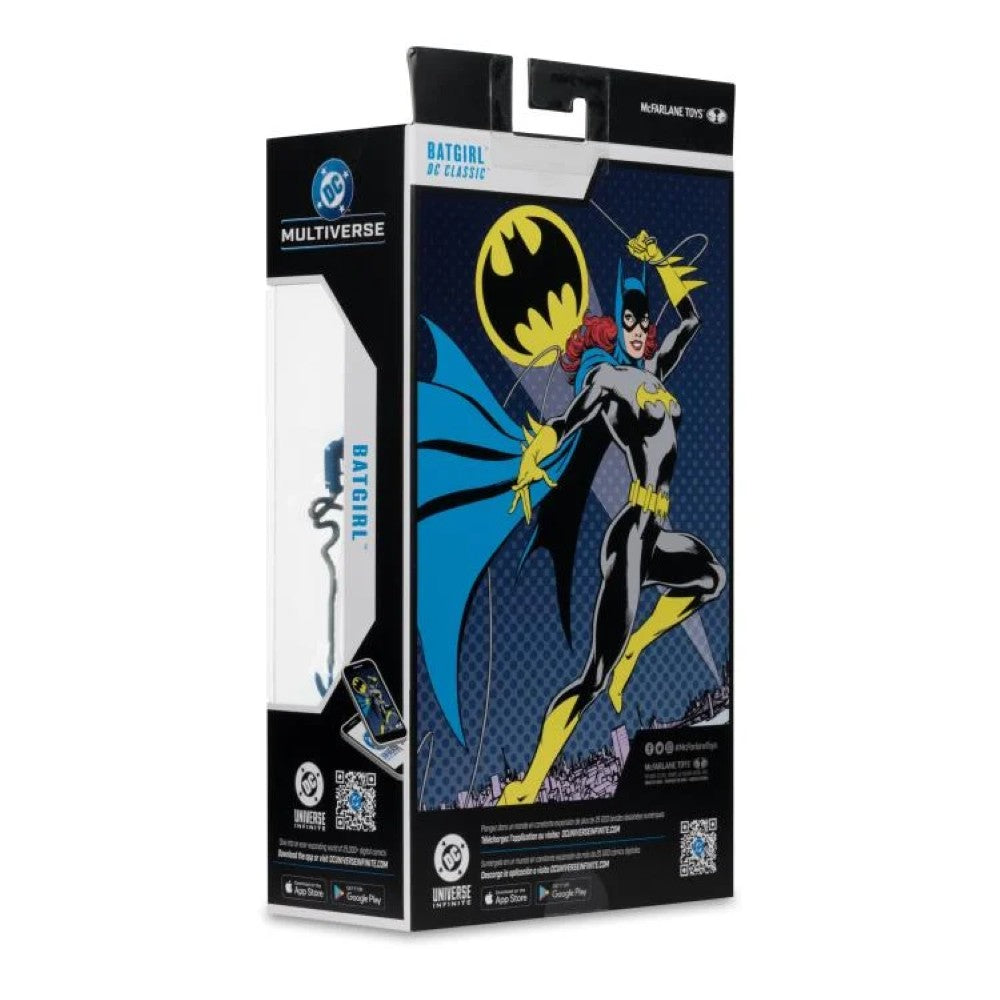 McFarlane DC Multiverse Batgirl action figure packaging featuring Barbara Gordon in classic costume with bat symbol background