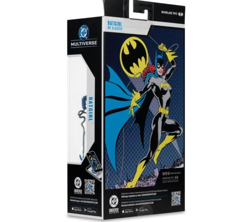 McFarlane DC Multiverse Batgirl action figure packaging featuring Barbara Gordon in classic costume with bat symbol background
