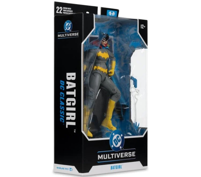 McFarlane DC Multiverse classic Batgirl action figure in black and yellow costume with cape in packaging