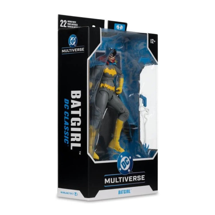 McFarlane DC Multiverse classic Batgirl action figure in black and yellow costume with cape in packaging