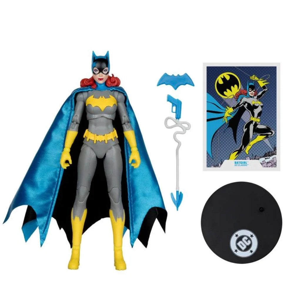 McFarlane DC Multiverse Batgirl action figure with blue cape, accessories, and Gotham comic card display.