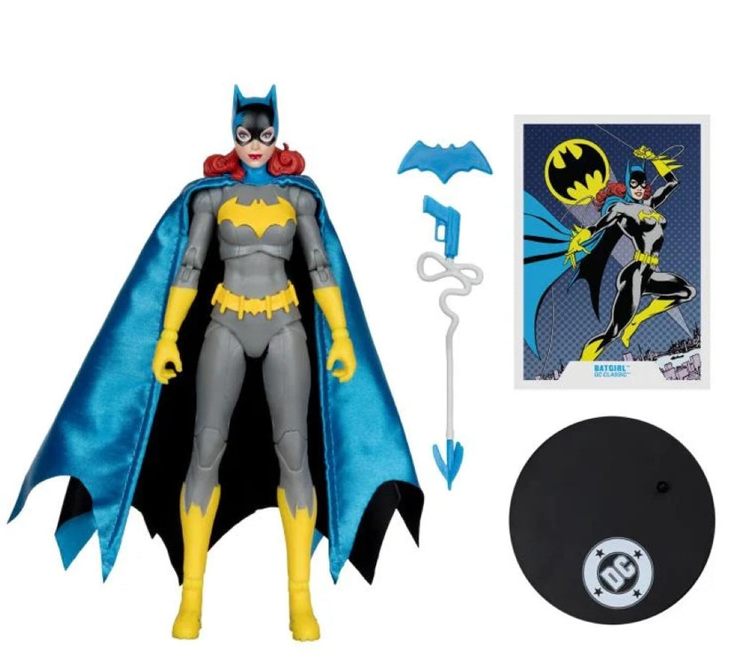 McFarlane DC Multiverse Batgirl action figure with blue cape, accessories, and Gotham comic card display.