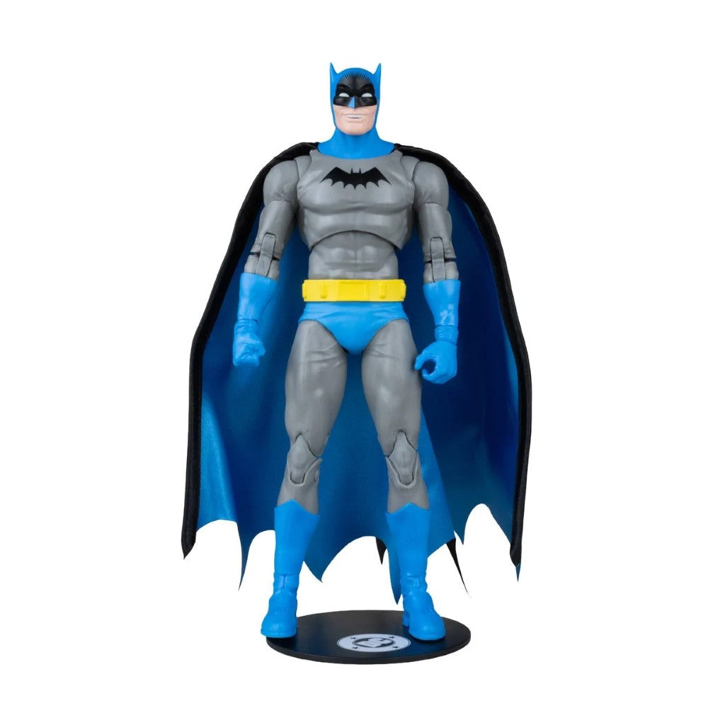 Batman action figure in a gray suit with blue cape, gloves, boots, and yellow utility belt