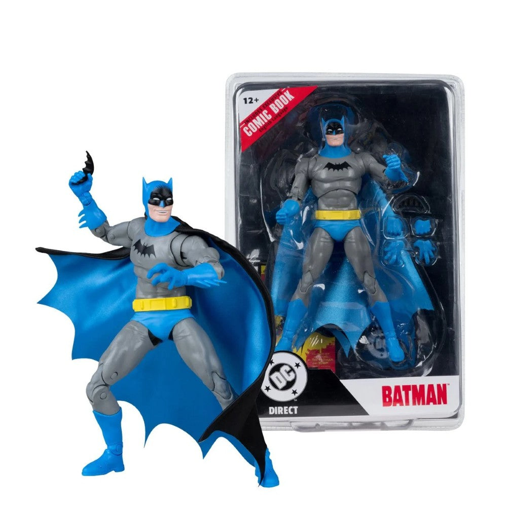 Batman action figure in blue and gray suit beside DC Direct packaging labeled Batman