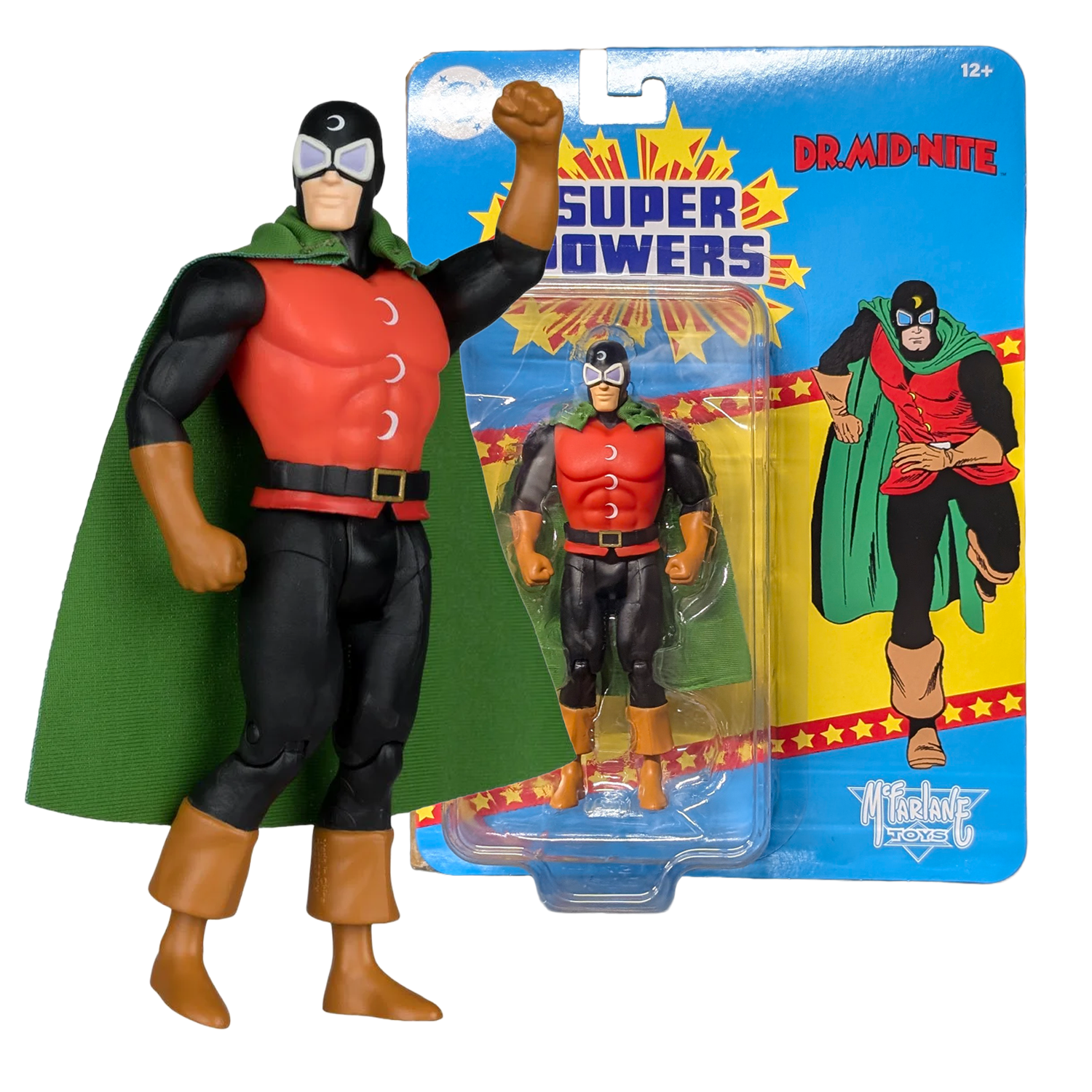 Dr Mid Nite superhero action figure displayed beside its Super Powers packaging