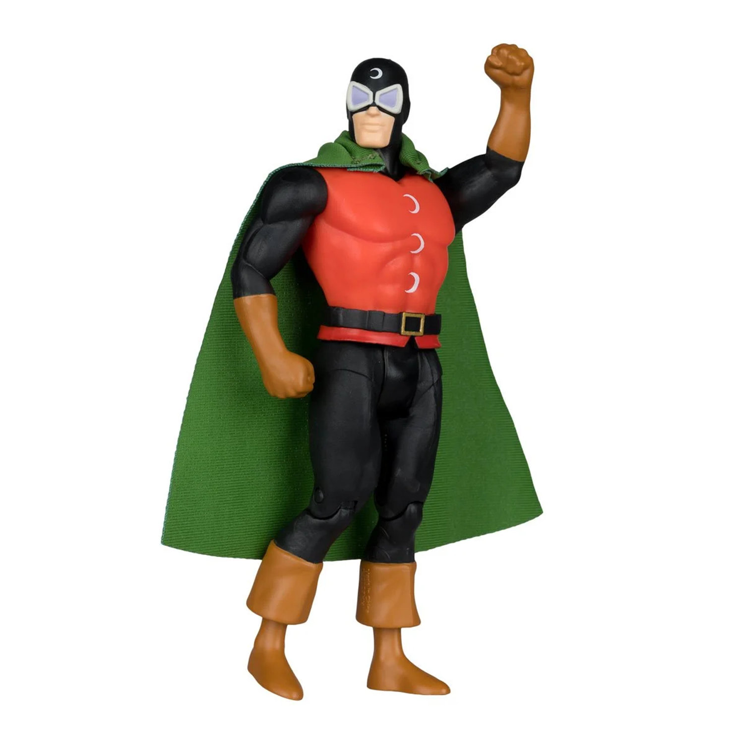 Masked superhero action figure wearing a red shirt, green cape, black suit, brown gloves and boots