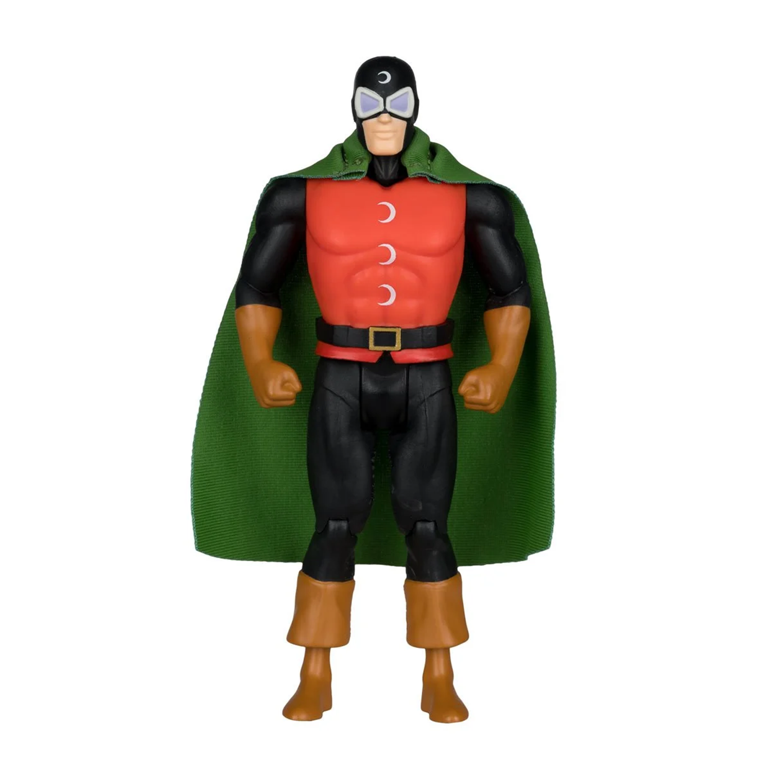 Masked superhero action figure wearing a red and black suit with a green cape and crescent symbols