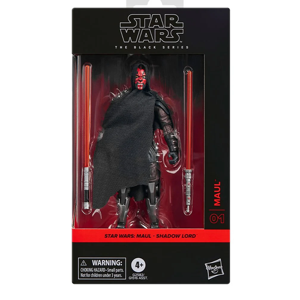 Darth Maul Star Wars 1:12 Scale 6 Inch The Black Series "Maul" Action Figure by Hasbro in package with dual lightsabers.