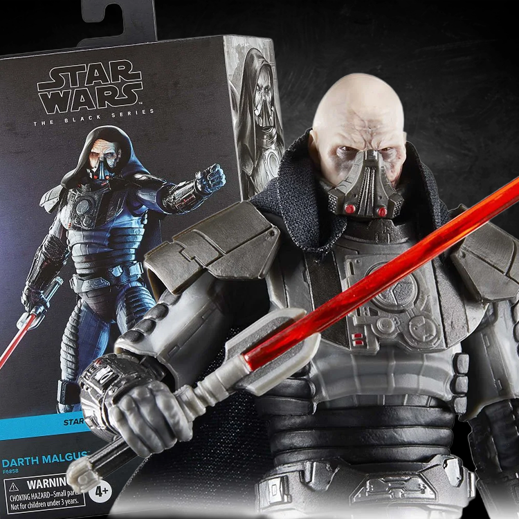 Hasbro Star Wars Black Series Darth Malgus action figure with red lightsaber and detailed armor in packaging background