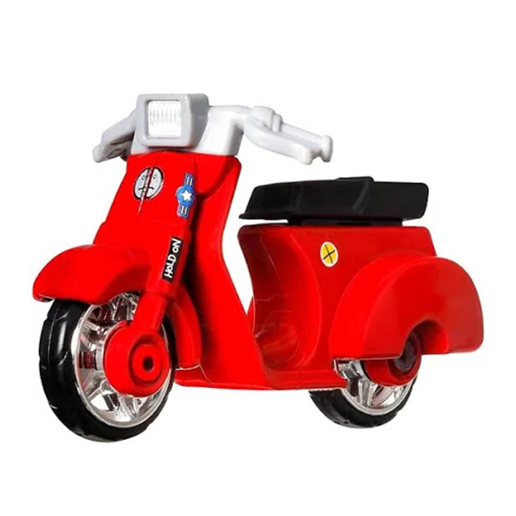 Red and black Deadpool scooter diecast model with detailed design and realistic tires by Mattel Hot Wheels Premium.