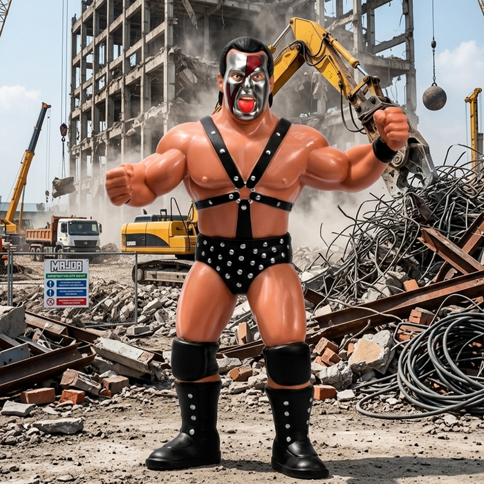 Demolition Ax Big Rubber Guy Retro Wrestling Action Figure by Major posed in black studded harness and shorts at demolition site