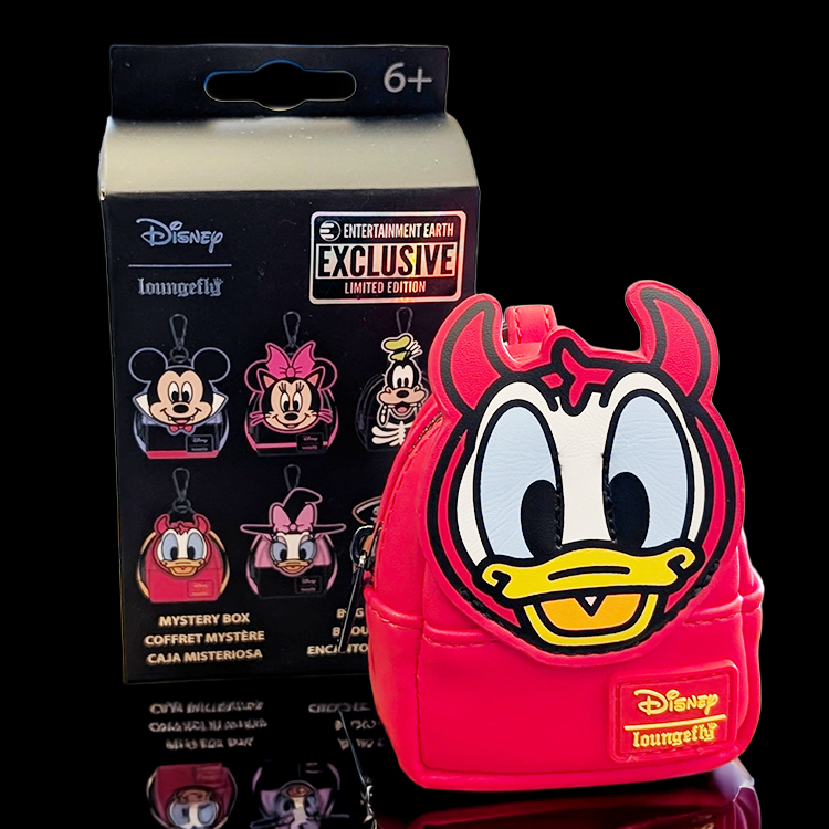 Red Loungefly mini backpack bag charm featuring devil Donald Duck in Disney Halloween collection packaging.