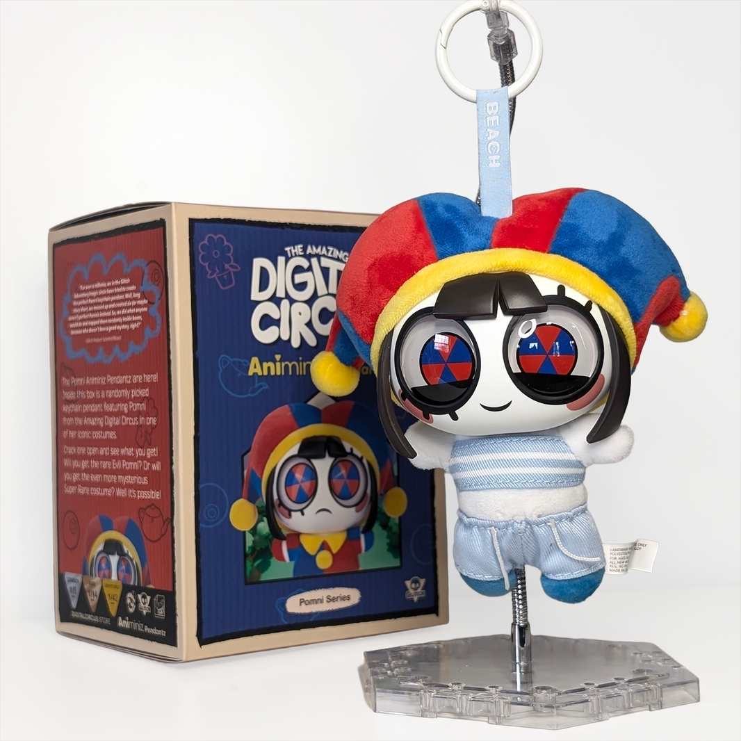 The Amazing Digital Circus Pomni Animiniz Pendantz Premium Plush Keychain Figure - U-PICK by Glitch with colorful jester hat and blue outfit