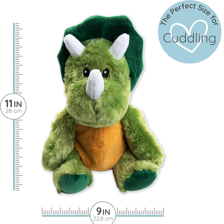 Green and orange plush triceratops dinosaur toy measuring 11 by 9 inches perfect for cuddling and comfort