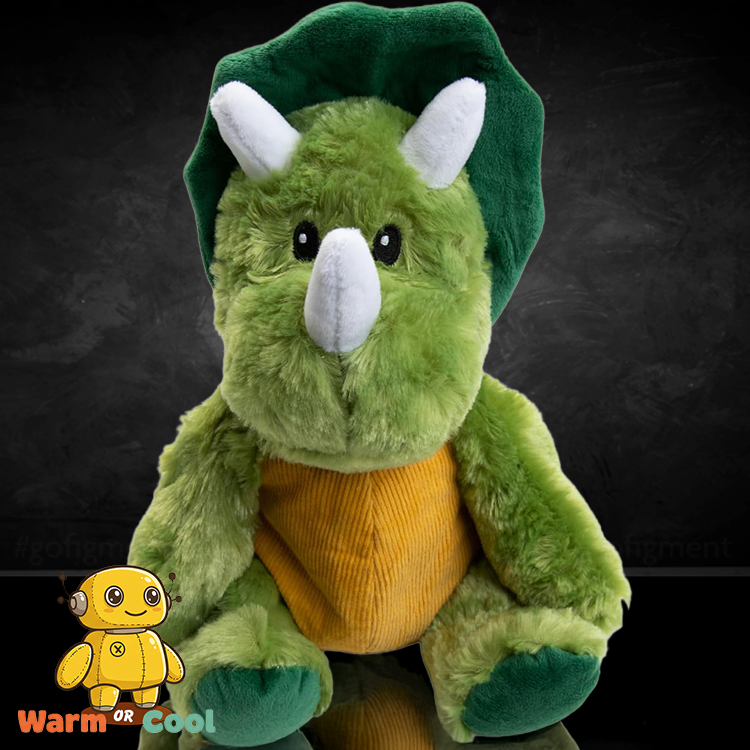 Green plush triceratops dinosaur with soft texture and orange belly, microwavable and lavender scented from Go Figment.