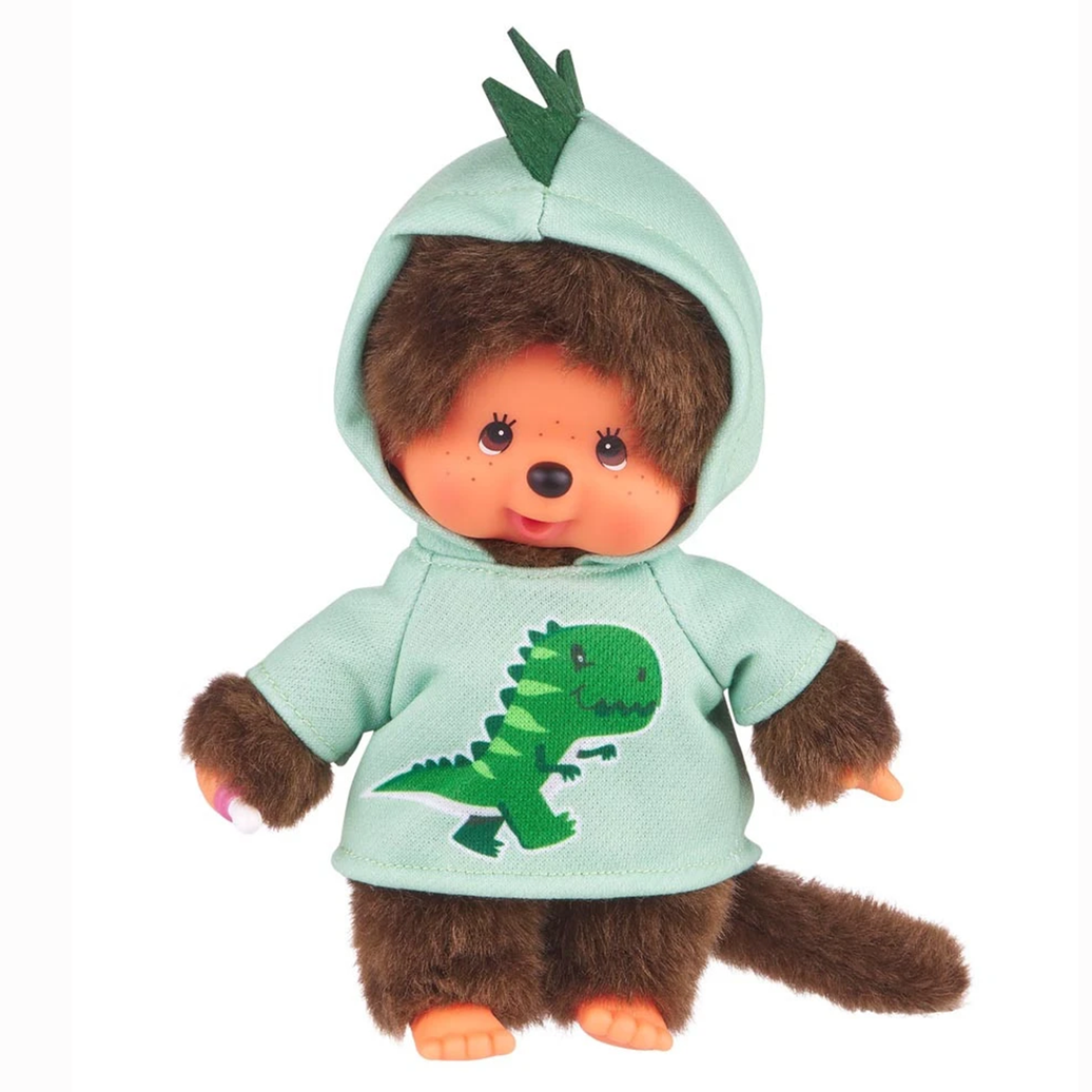 8" Monchhichi Dinosaur Hoodie Sekiguchi Plush Doll Boy With Brown Eyes in green dinosaur hoodie
