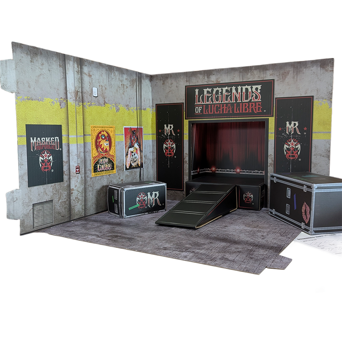 Diorama Legends of Lucha Libre Premium 1:12 Scale 6" Wrestling Backdrop by Boss Fight Studio Llc with wrestling stage setup.