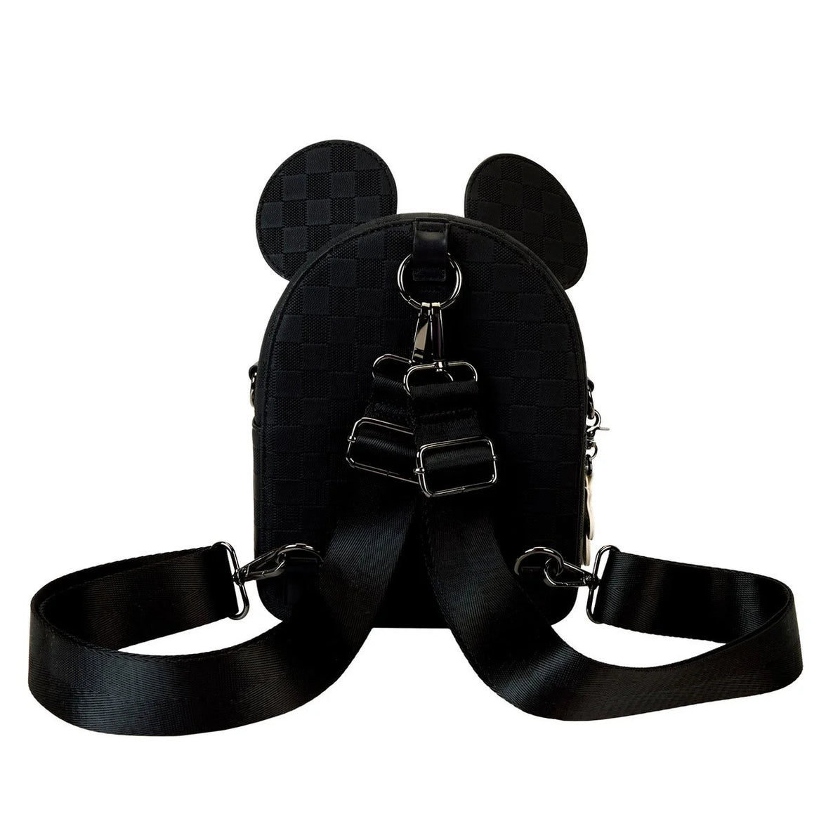 Disney Loungefly Mickey Ear checkerboard convertible crossbody mini backpack in black with adjustable straps back view